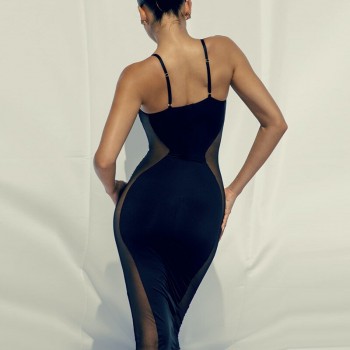 106 Black Mesh Sleeveless See Through Midi Dress Sexy Bodycon Sling Dress Summer Party Dresses Vestido